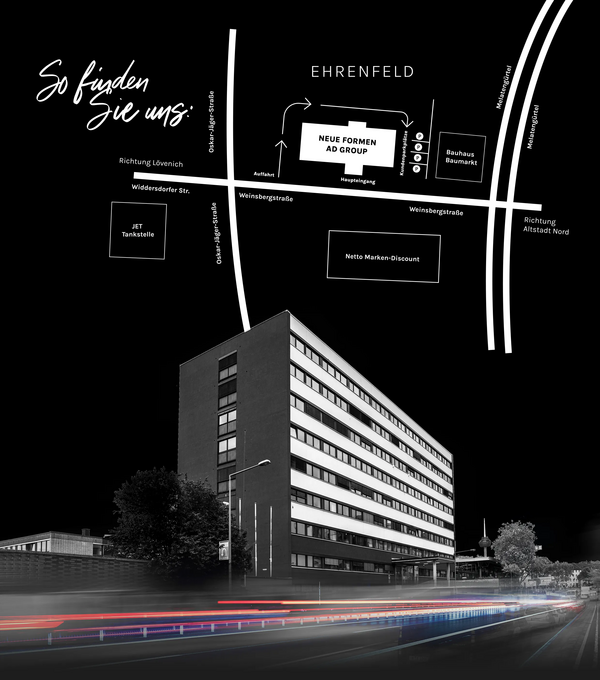 Gebäude der NEUE FORMEN Ad Group, darüber der Lageplan in schwarz-wei´ß