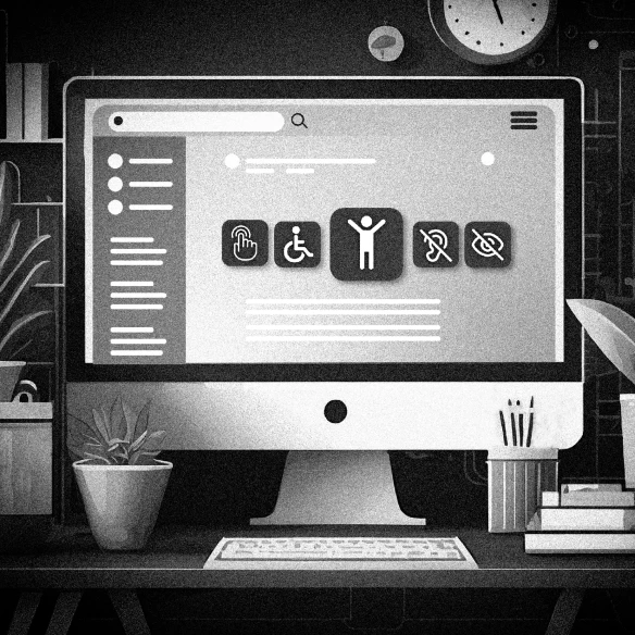 Ausschnitt der Illustration eines Bildschirms auf einem Schreibtisch, auf dem eine Website mit Icons für blind, taub und ein Rollstuhl abgebildet sind