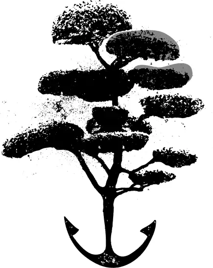 Ein Bonsai mit einem Anker als Wurzel in Stempeloptik