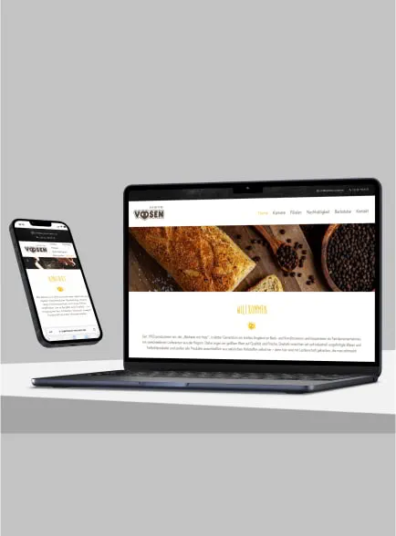 Thumbnail für das Webdesign auf dem die Website der Bäckerei Voosen auf dem Laptop und Handy abgebildet ist