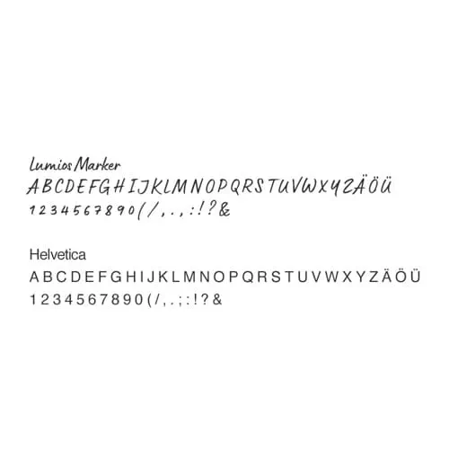 Schriftarten "Lumios Marker" und "Helvetica" mit Beispielbuchstaben von Certqua