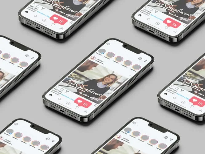 Mehrere Handys, die einen Instagram-Post über die Brand Story von Certqua im Feed zeigen