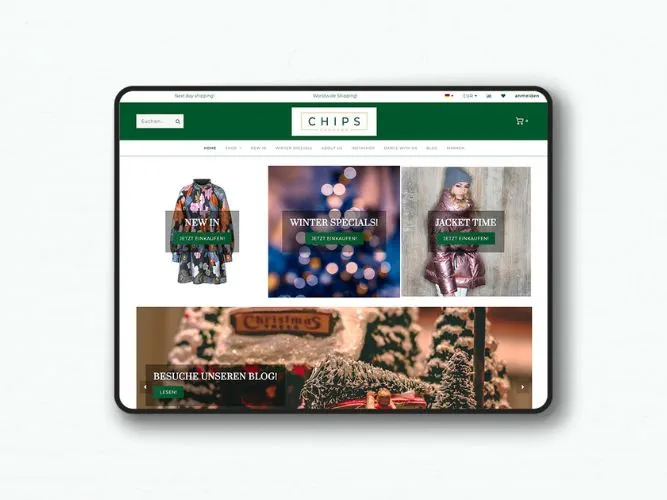 Web Design der Startseite am Tablet von Chips Fashion