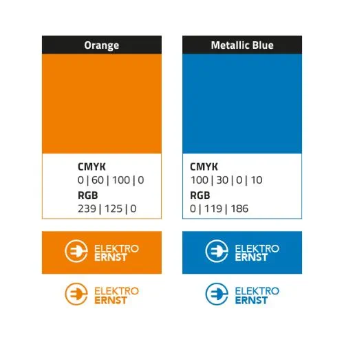 Farbcodes der CI-Farben von Elektro Ernst: Orange und Metallic Blue