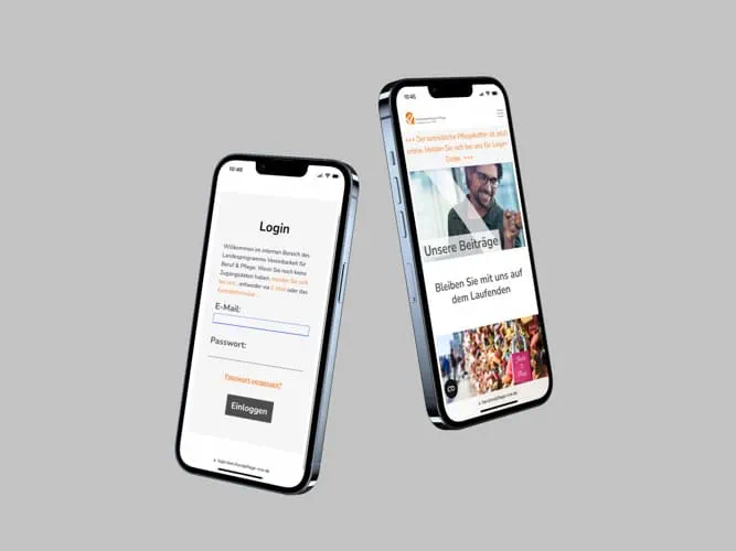 Zwei Handys die einmal den Login- und dein Blog-Bereich auf dem Handy der Website der Vereinbarkeit von Beruf und Pflege zeigen