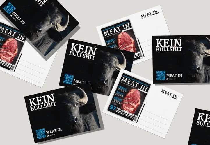Vorder- und Rückseite einer Postkarte der Meat In mit der Anschrift "Kein Bullshit"