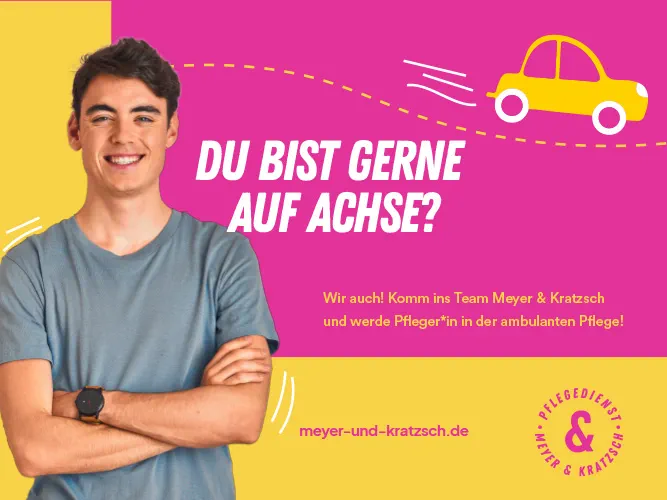 Brand Story in Gelb und Pink mit einem lachenden Mann, daneben ein gezeichnetes Auto und die Frage "Bist du gerne auf Achse?"