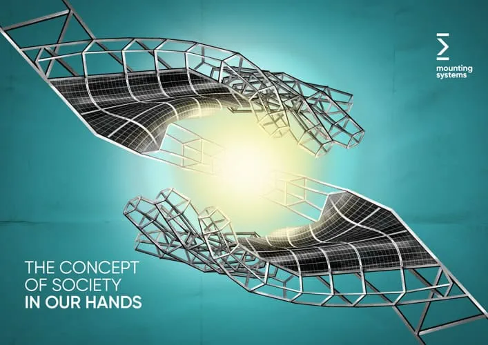 Zwei Photovoltaik-Anlagen in Form von Händen, die eine Sonne halten, dazu der Slogan "The concept of society in our hands"