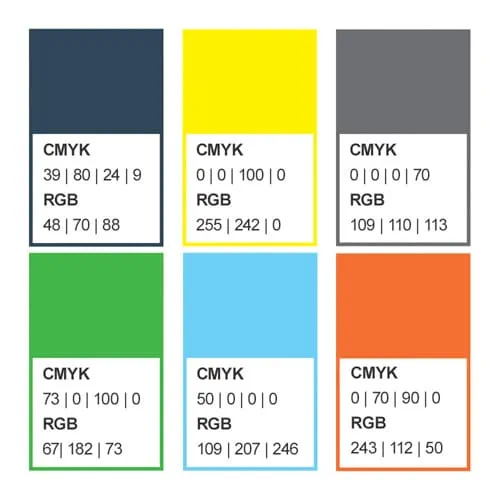 Die Farbcodes aus der Farbwelt von Zusammenraus: Blau, Gelb, Grau, Grün, Blau und Orange