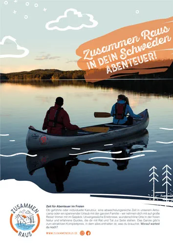Zwei Personen von hinten auf einem Kanu mit dem Spruch "Zusammenraus in den Schweden-Abenteuer"